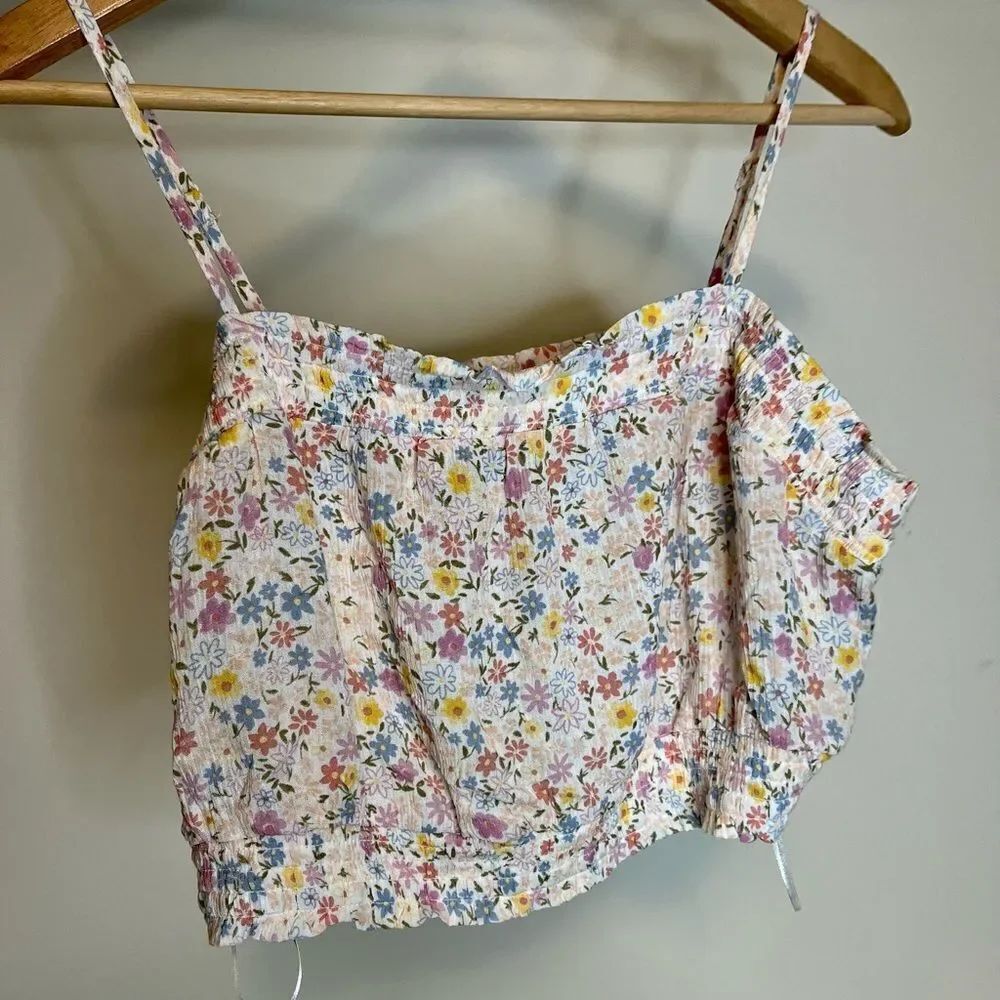 NWT Hippie Rose Printed Smocked Tank Top L Ivory Floral Square Neck